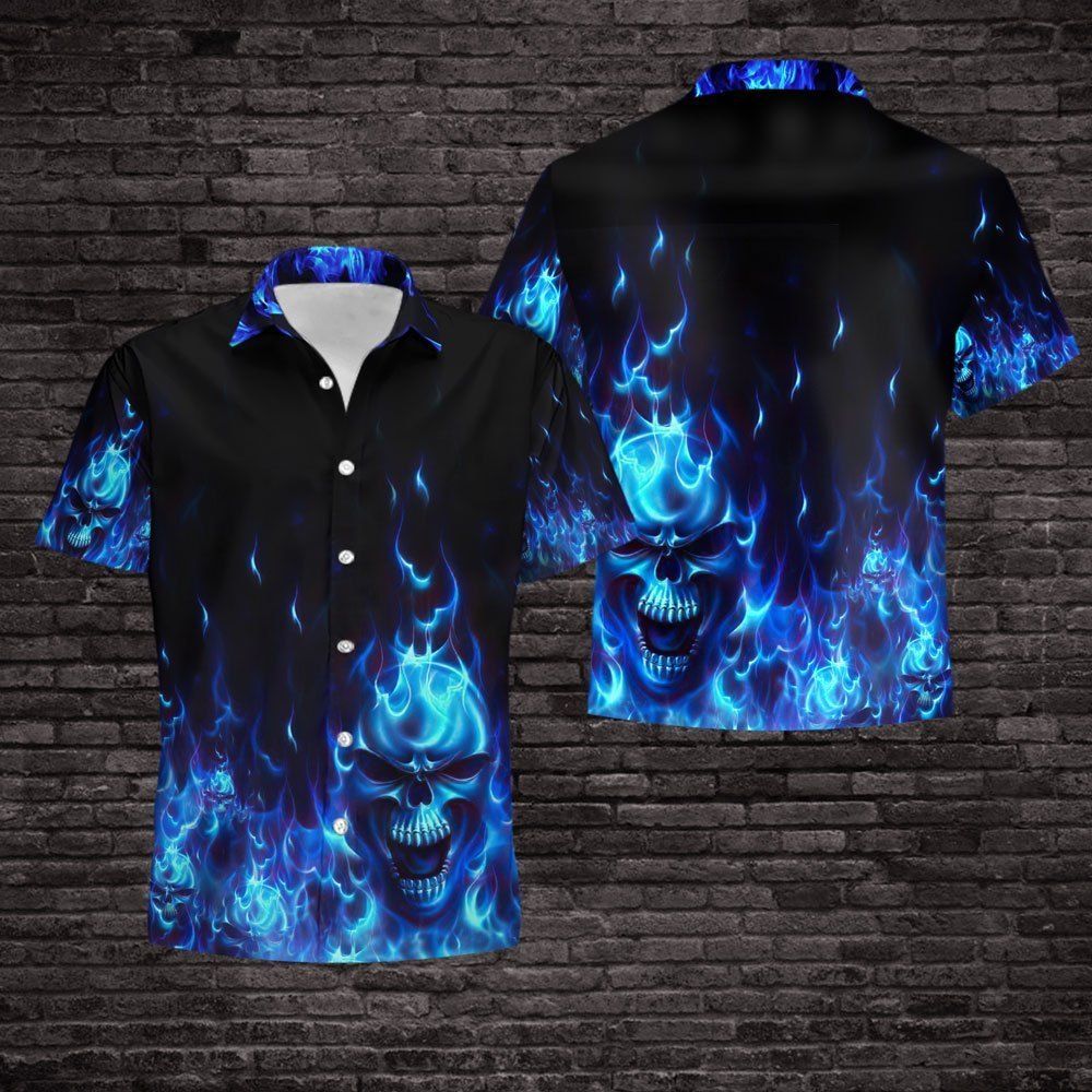 Buy Skull Flame Blue 3d All Over Hawaiian Shirt