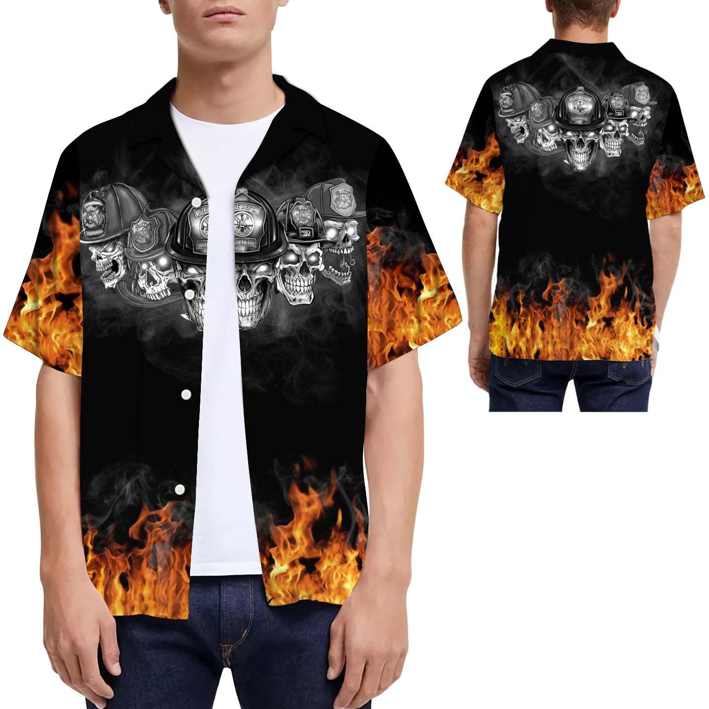 Firefighter Flame Black And White Skulls Men Hawaiian Shirt