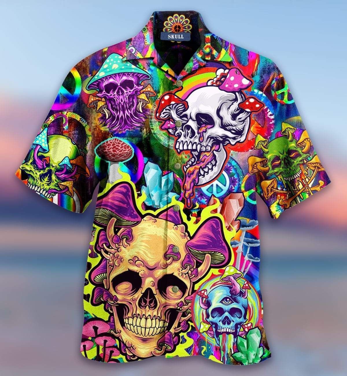 Beach Shirt High Quality Colorful Happy Hippie Mushroom Skull Pink Unisex Hawaiian