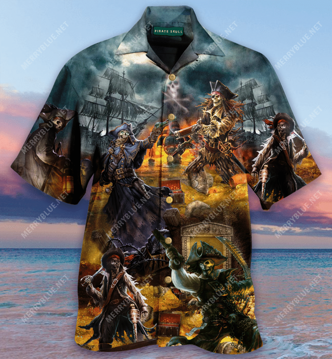 Beach Shirt High Quality Pirate Skull Treasure Hunting Unisex Hawaiian Shirt