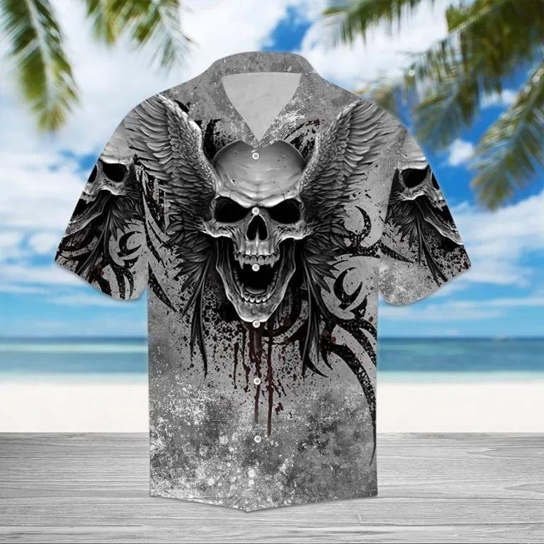 Beach Shirt Honor Skull Wing Tattoo Gothic Grey Unisex Hawaiian Shirt
