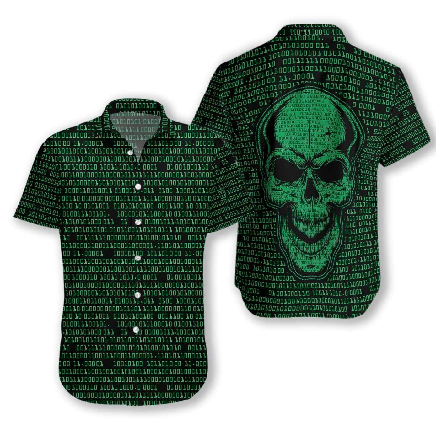 Beach Shirt Order Binary Code Skull Dark Green Hawaiian Shirt