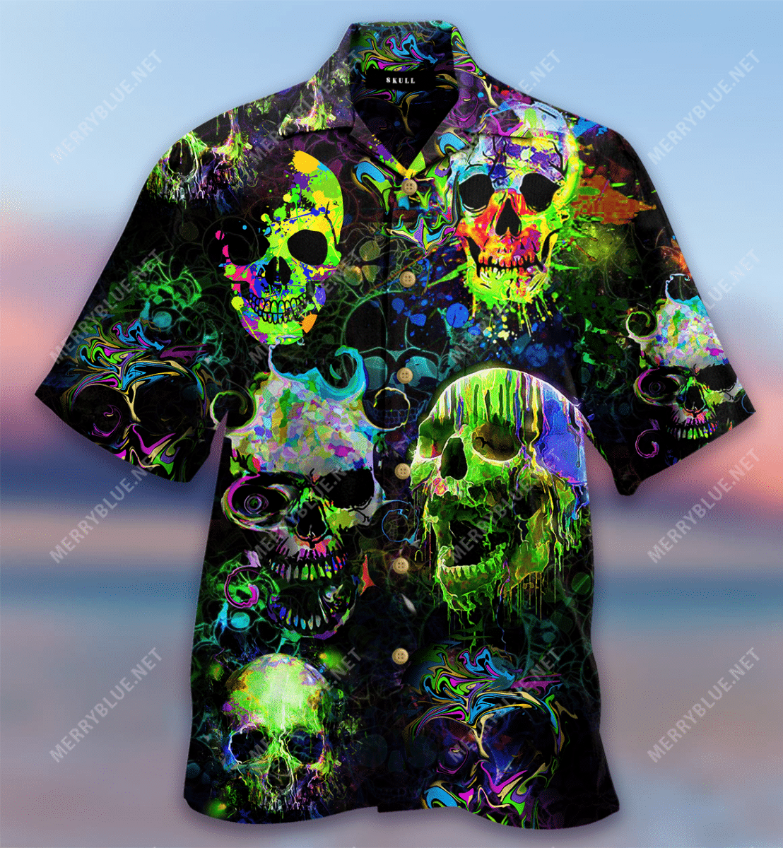 Beach Shirt Order Green Color Splash Skulls Hawaiian Shirt-1