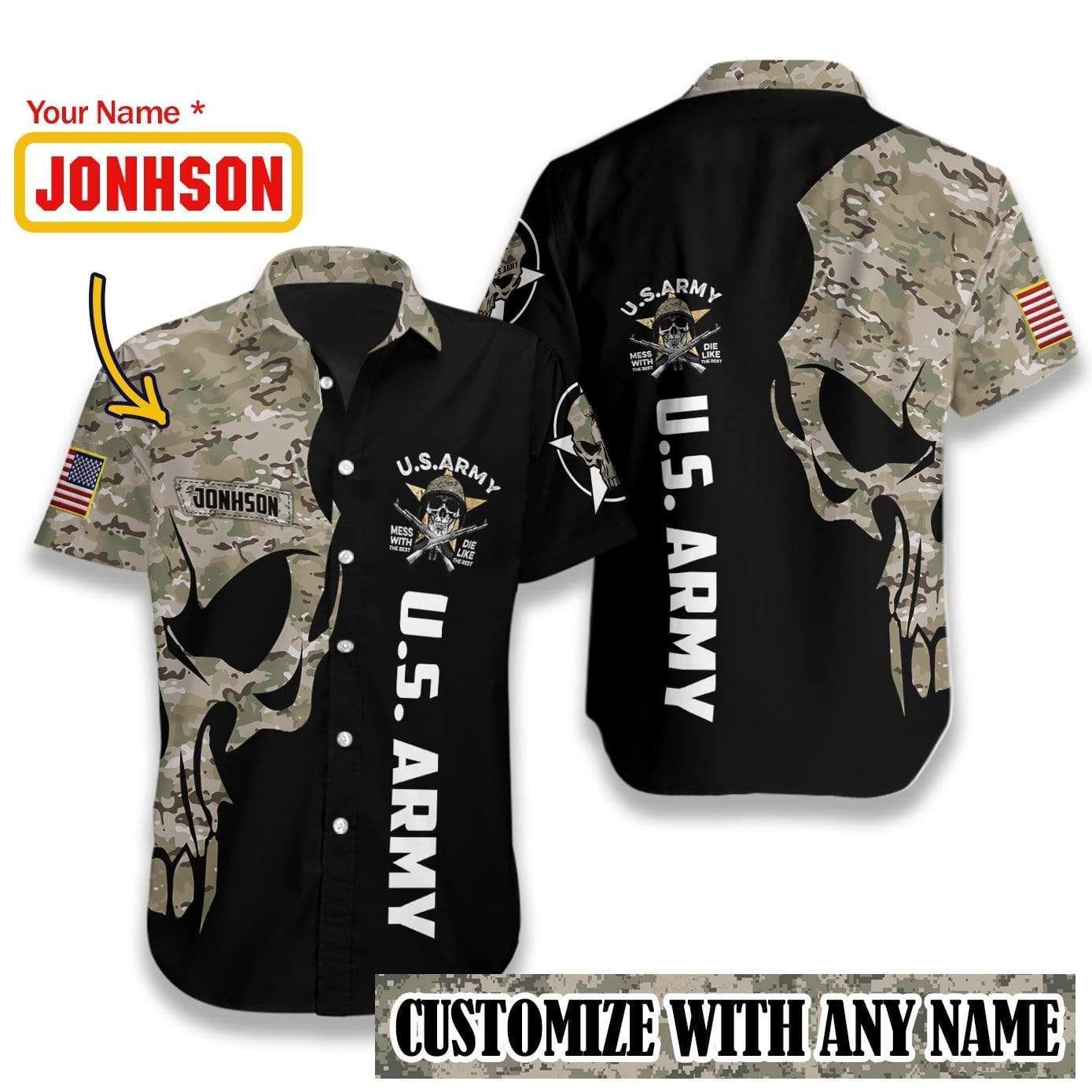 Get Here Us Army Camo Skull Hawaiian Shirts
