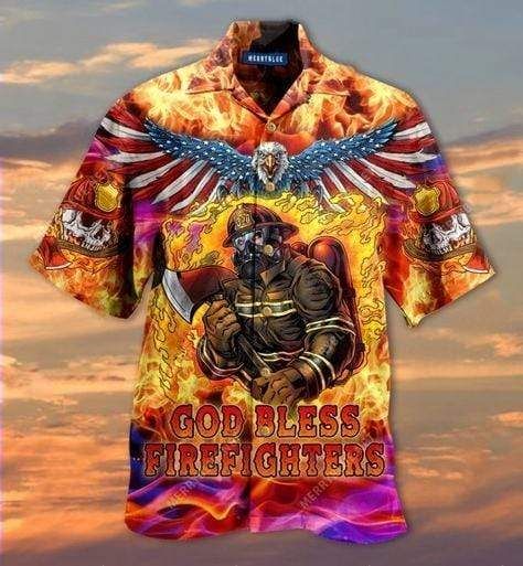 Hawaiian Shirts God Bless Firefighters Skull-