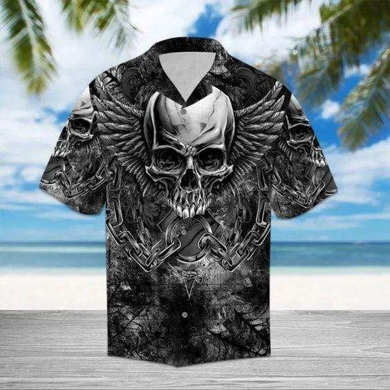High Quality Hawaiian Aloha Shirts Black Skull Wings