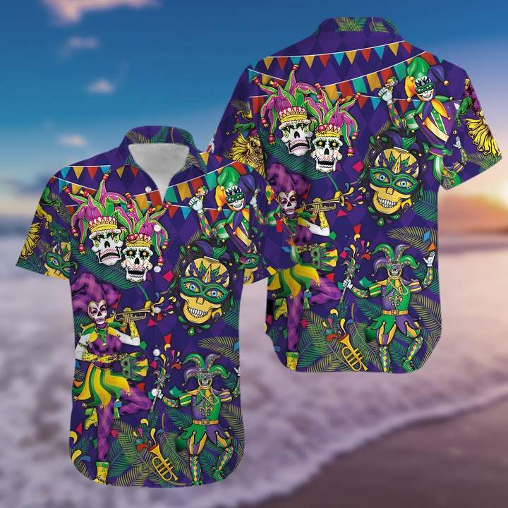 Mardi Gras Clown Skull Happy Purple Hawaiian Shirt Unisex