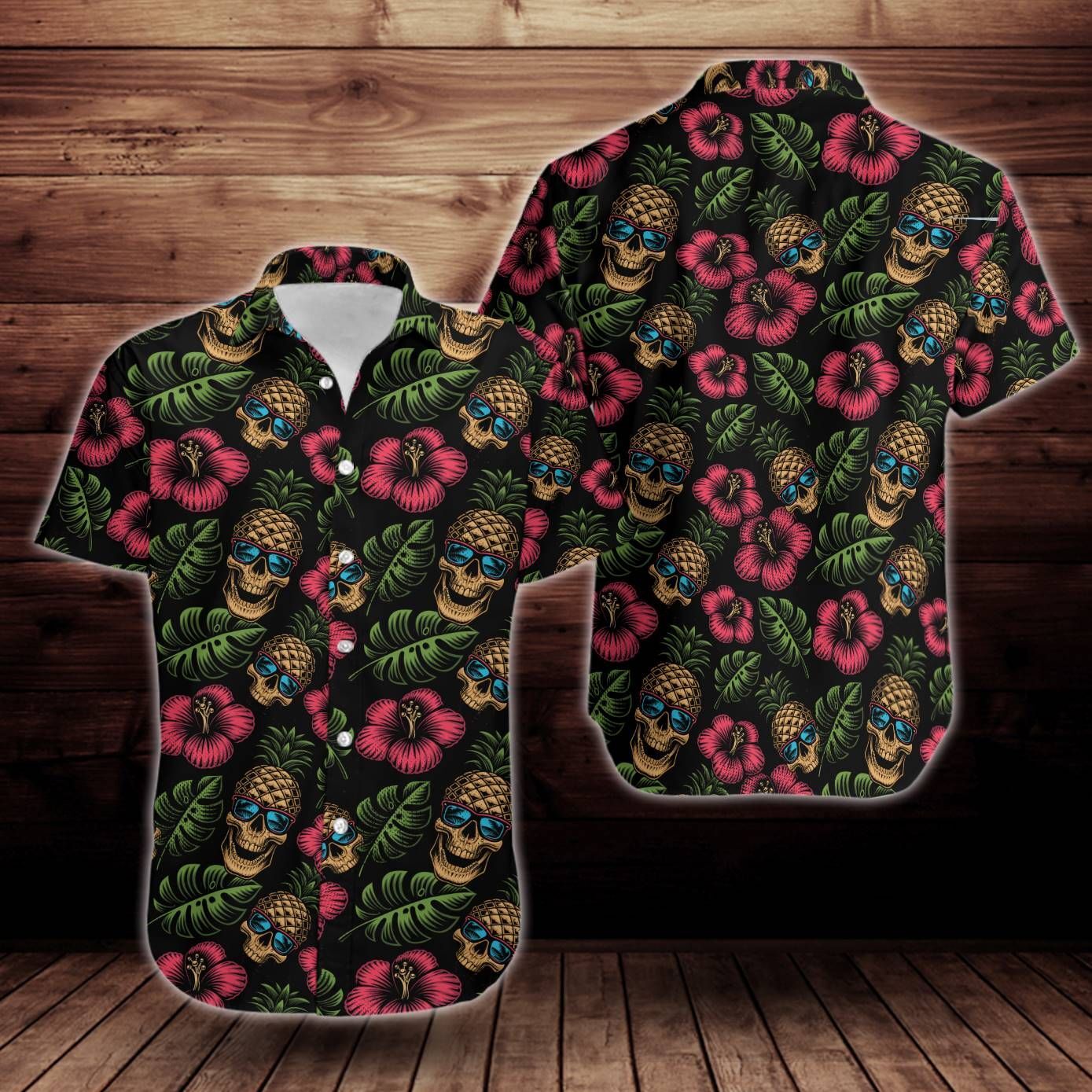 Pineapple Skull Pattern Print Design Flower Short Sleeve Hawaiian Shirt