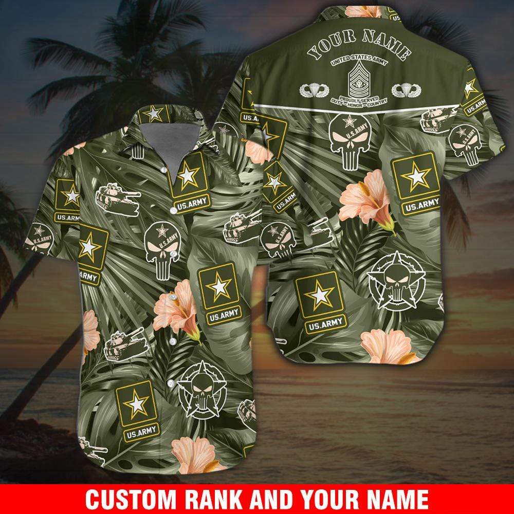 Custom Name And Rank Us Army Skull Unisex Hawaiian Shirts
