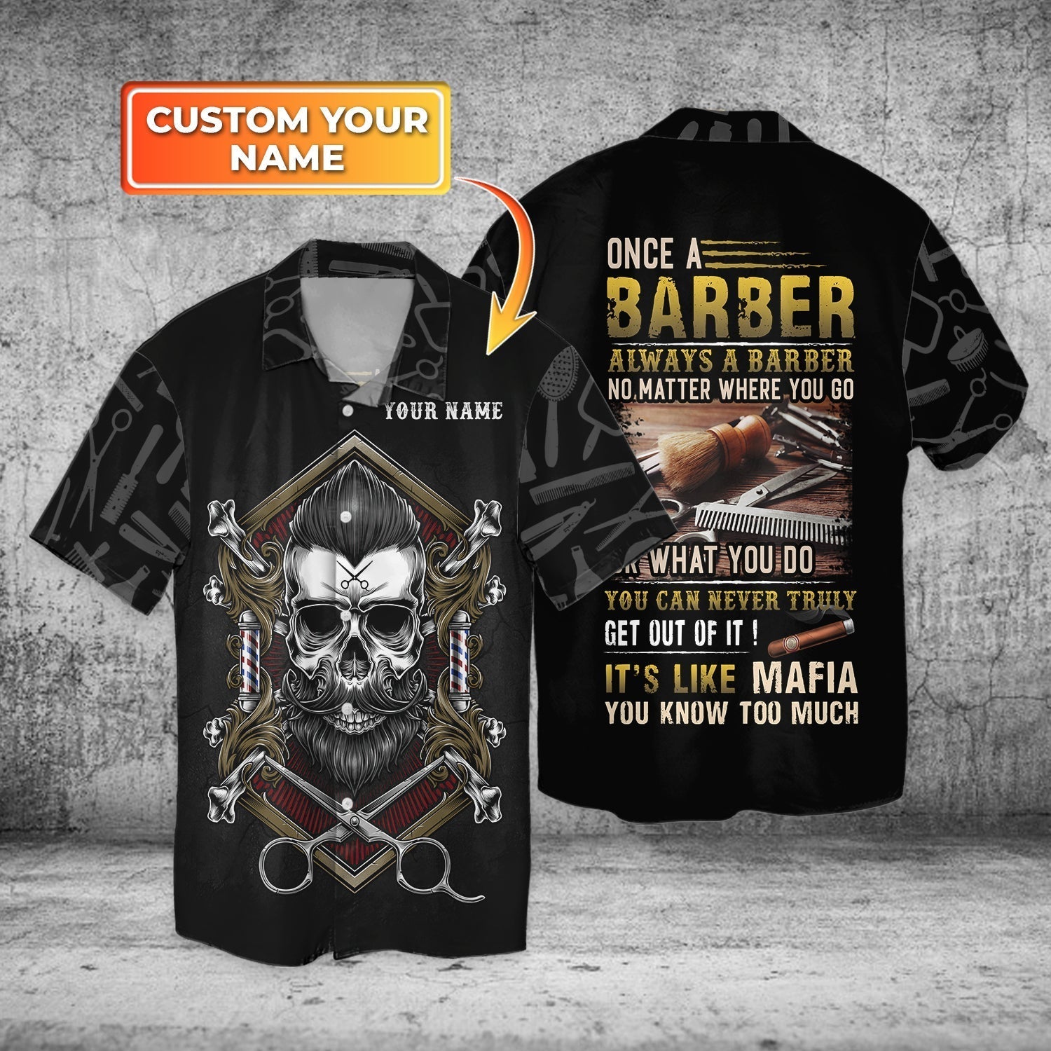 Custom Name Barber Skull Hawaiian Shirt Gift For Barber