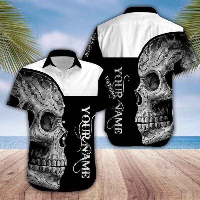 Custom Name Black And White Skull Unisex Hawaiian Aloha Shirts