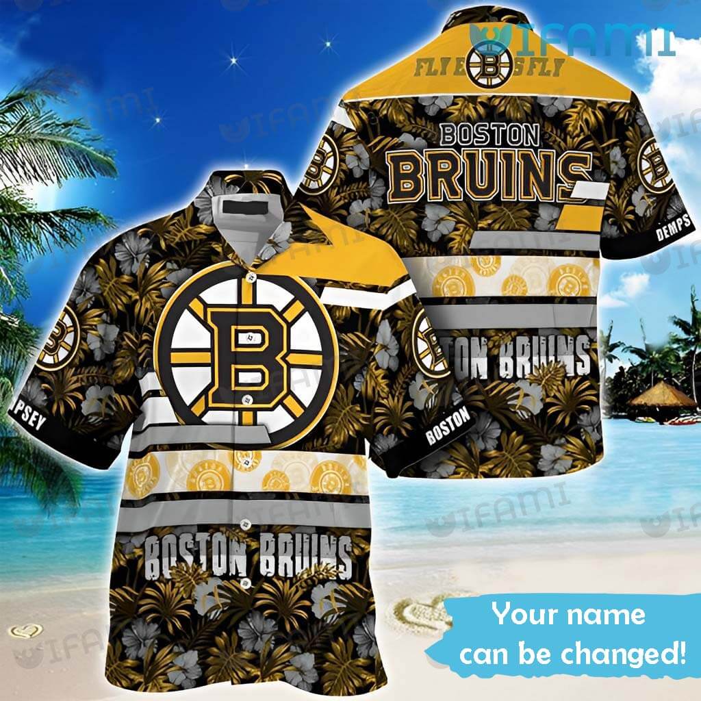 Custom Name Bruins Hawaiian Shirt Big Logo Tropical Leaf Boston Bruins Gift