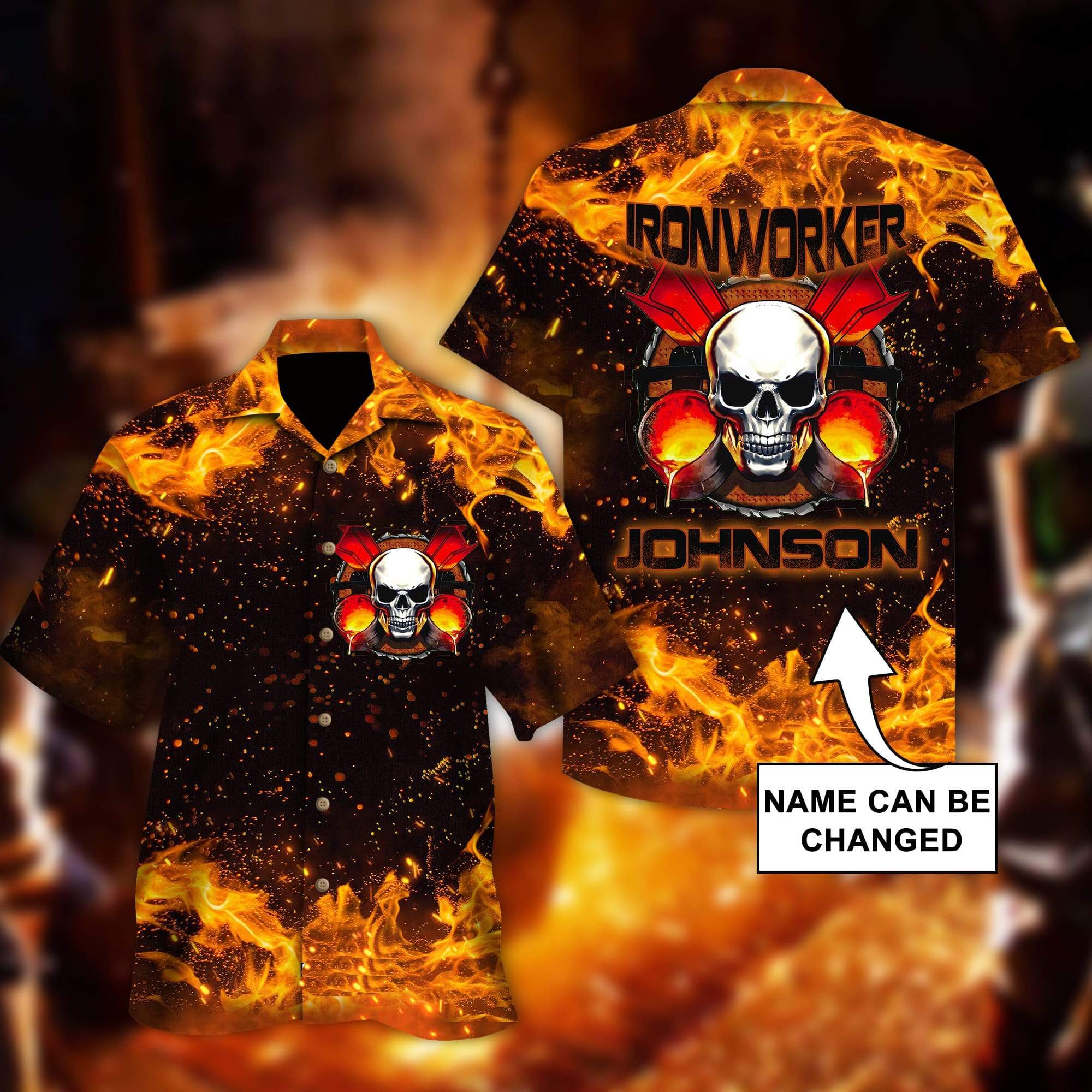 Custom Name Ironworker Flaming Skull Unisex Hawaiian Shirt