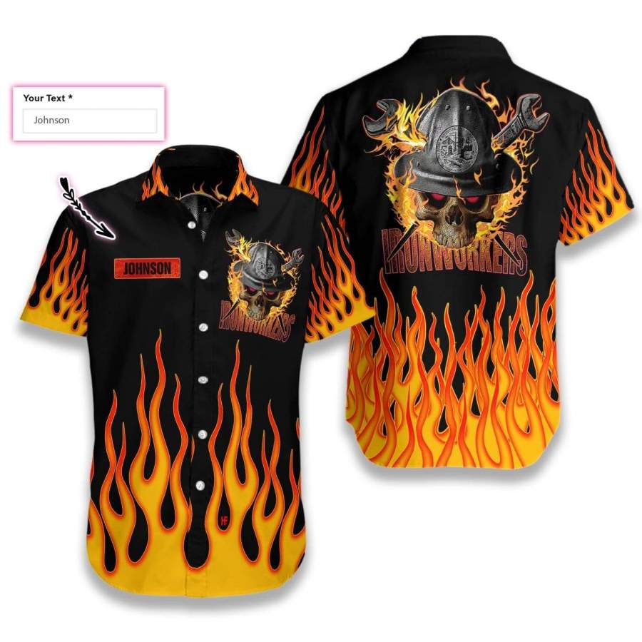 Custom Name Ironworker Skull Fire Hawaiian Aloha Shirts-1