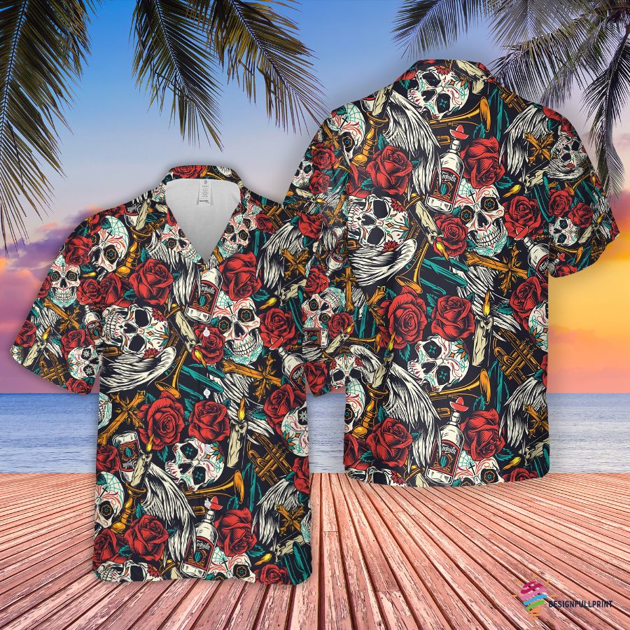 Skull Gift Skull Rose With Tequila Hawaiian Shirt For Men