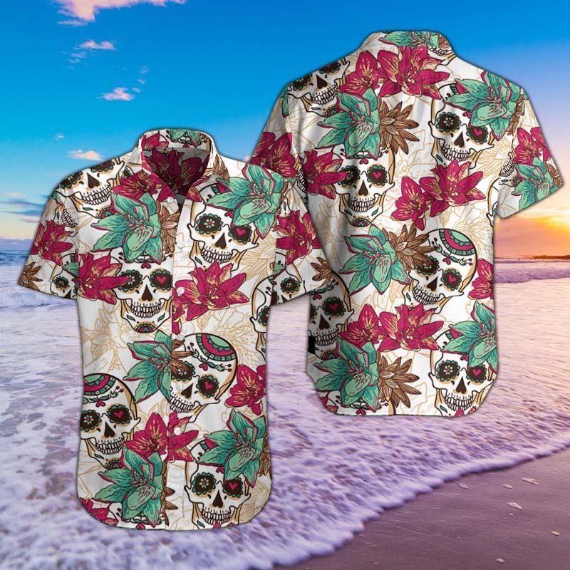Skull Hearts And Flowers Shirts Hawaiian Shirt For Men Hawaiian Shirt