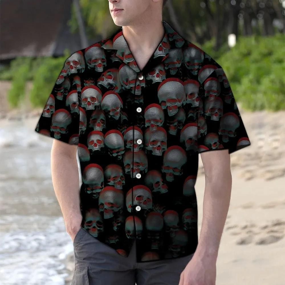 Skull Illusion Aloha Hawaiian Shirt Colorful Short Sleeve Summer Beach Casual Shirt