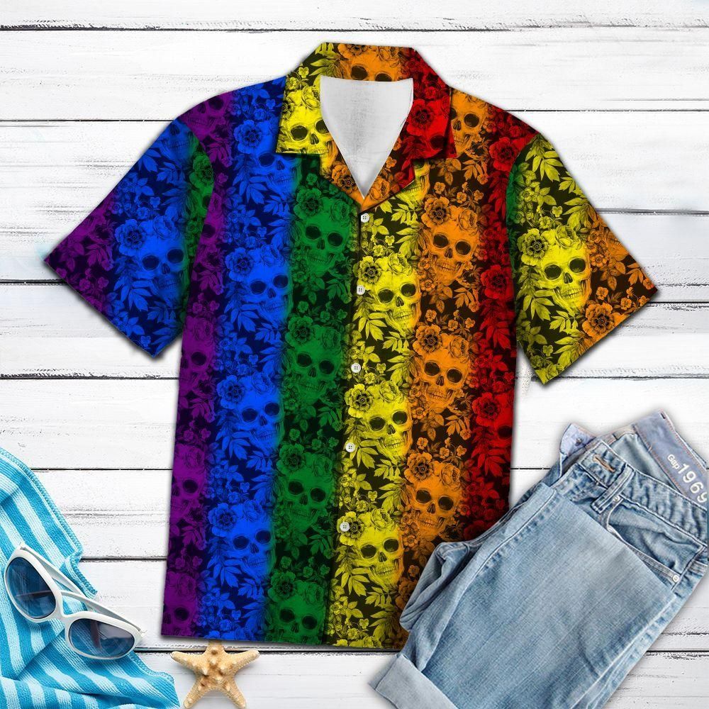 Skull Lgbt Pride Aloha Colorful Short Sleeve Summer Beach Casual Shirt