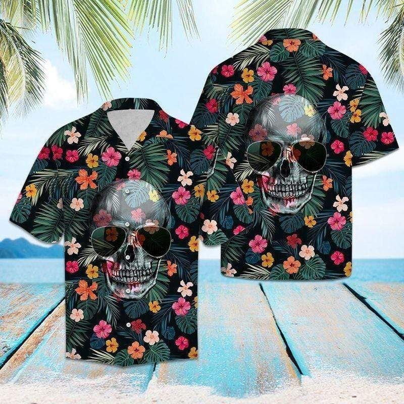Floral Funny Skull Wearing Sun Glasses Tropical Hawaiian Shirts
