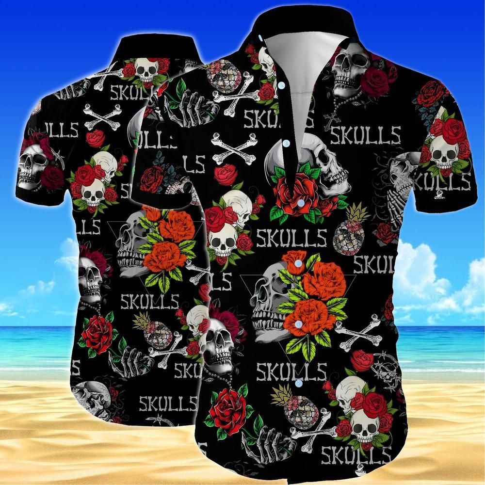Flower Skull Aloha Hawaiian Shirt Colorful Short Sleeve Summer Beach Casual Shirt