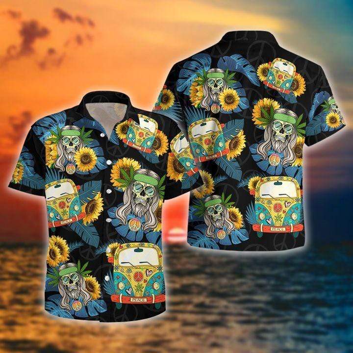 Flower Skull Hippie Car Hawaiian Shirts V-1