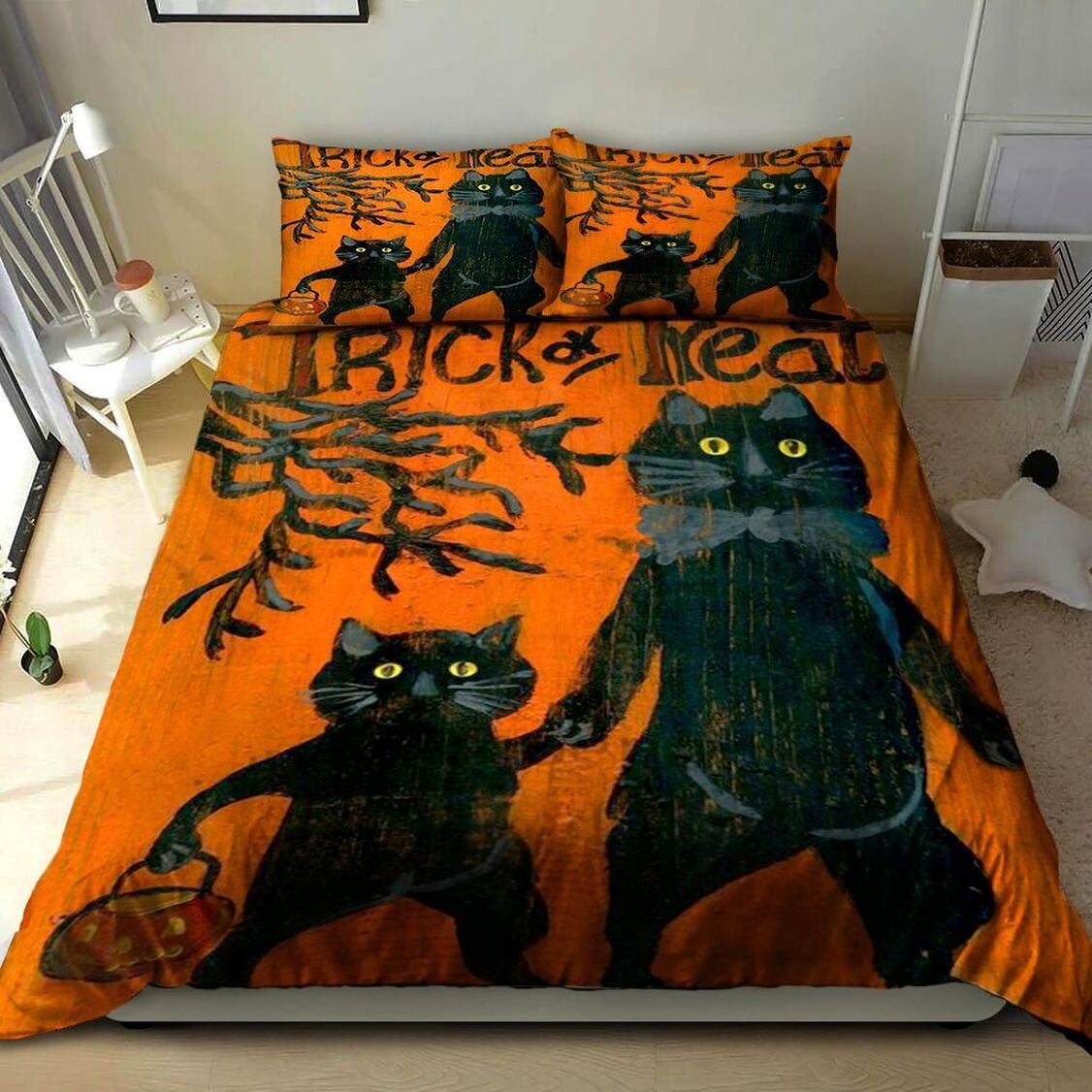 3D Black Cat Halloween Quilt Bedding Set - Trick Or Treat Quilt Bed Set To Mom Dad Wife Husband Kids Son Daughter