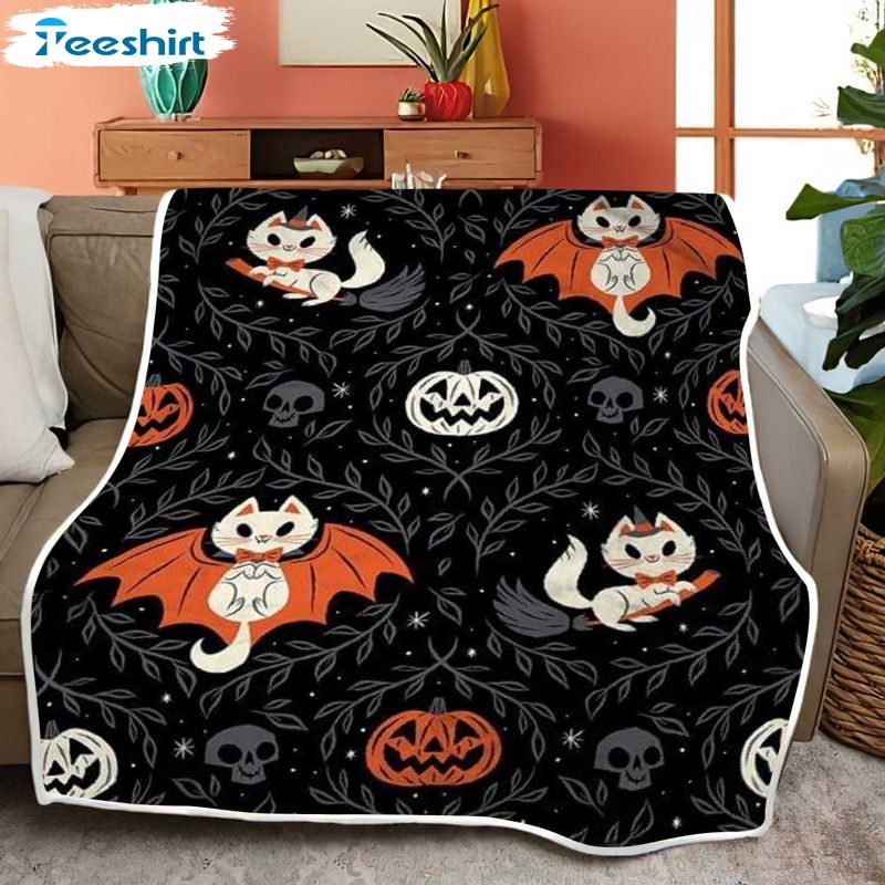 Bat Cat Halloween Pumpkin Blanket, Skull And Pumpkin Fuzzy Warm Throws For Winter Bedding 50''x60