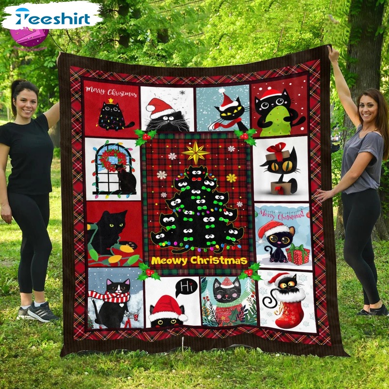 Black Cat Christmas Tree Blanket, Meowy Christmas Blanket Gifts For Kids And Adults, Used For Sofa Bed Travel Camping