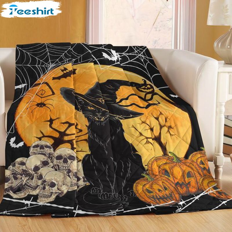 Black Cat Pumpkin Halloween Blanket, Witch Cat And Skull Microfiber Plush Blanket Gifts For Men Women