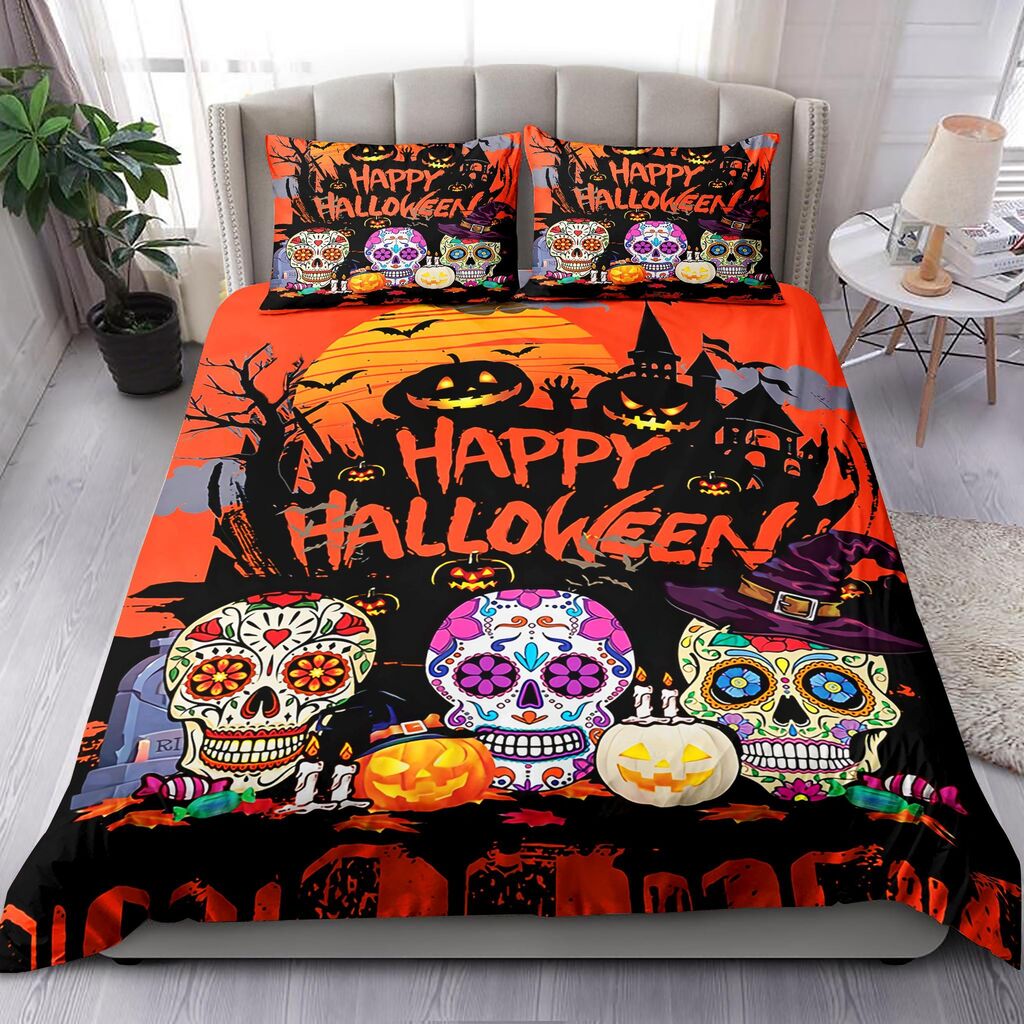 Colorful Skull And Pumpkin Quilt Bedding Set - Happy Halloween 3D Printed Quilt Bed Set Comforter
