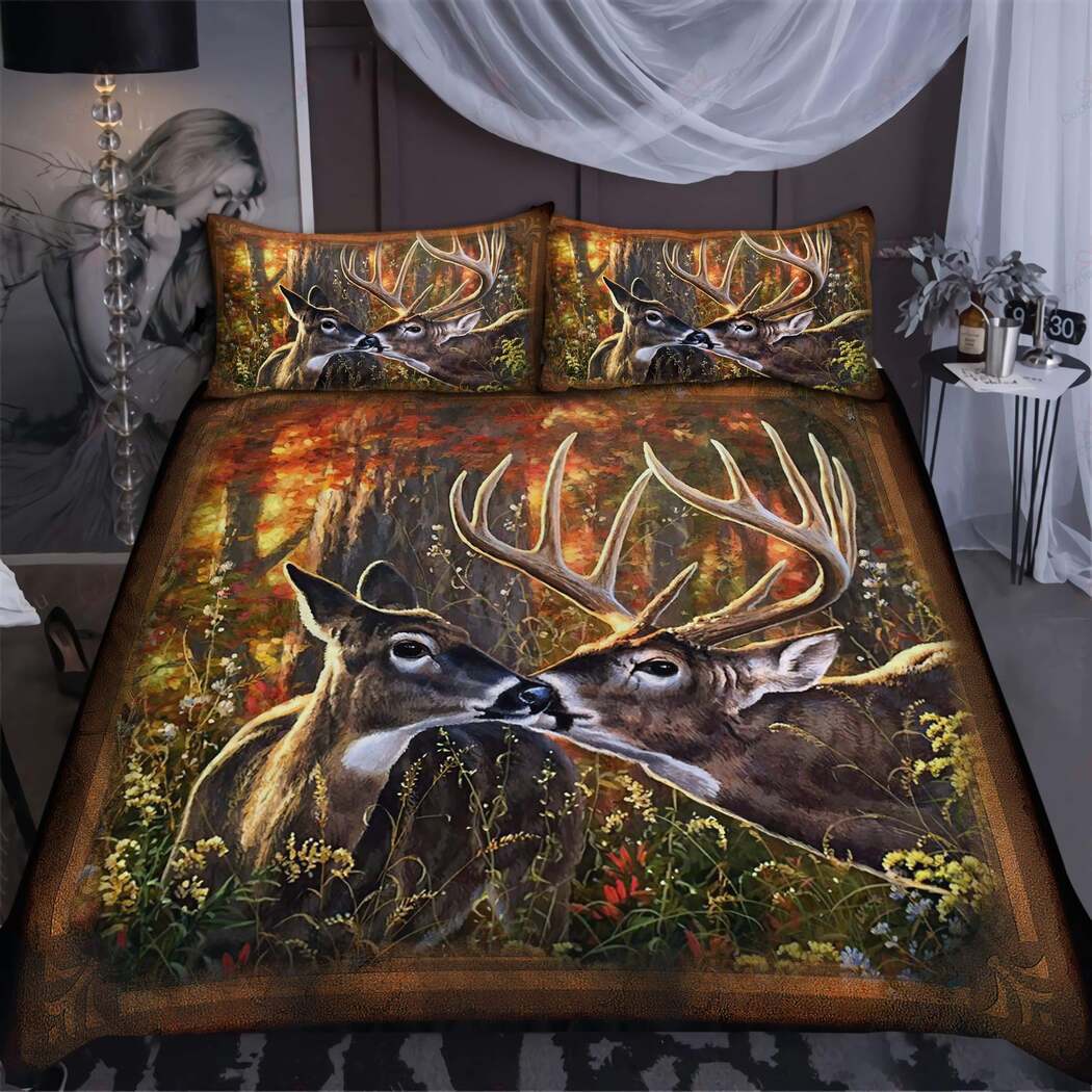 Couple Deer Lover Quilt Bedding Set - Beautiful Deer Hunting Quilt Bed Set Rustic Home Decor