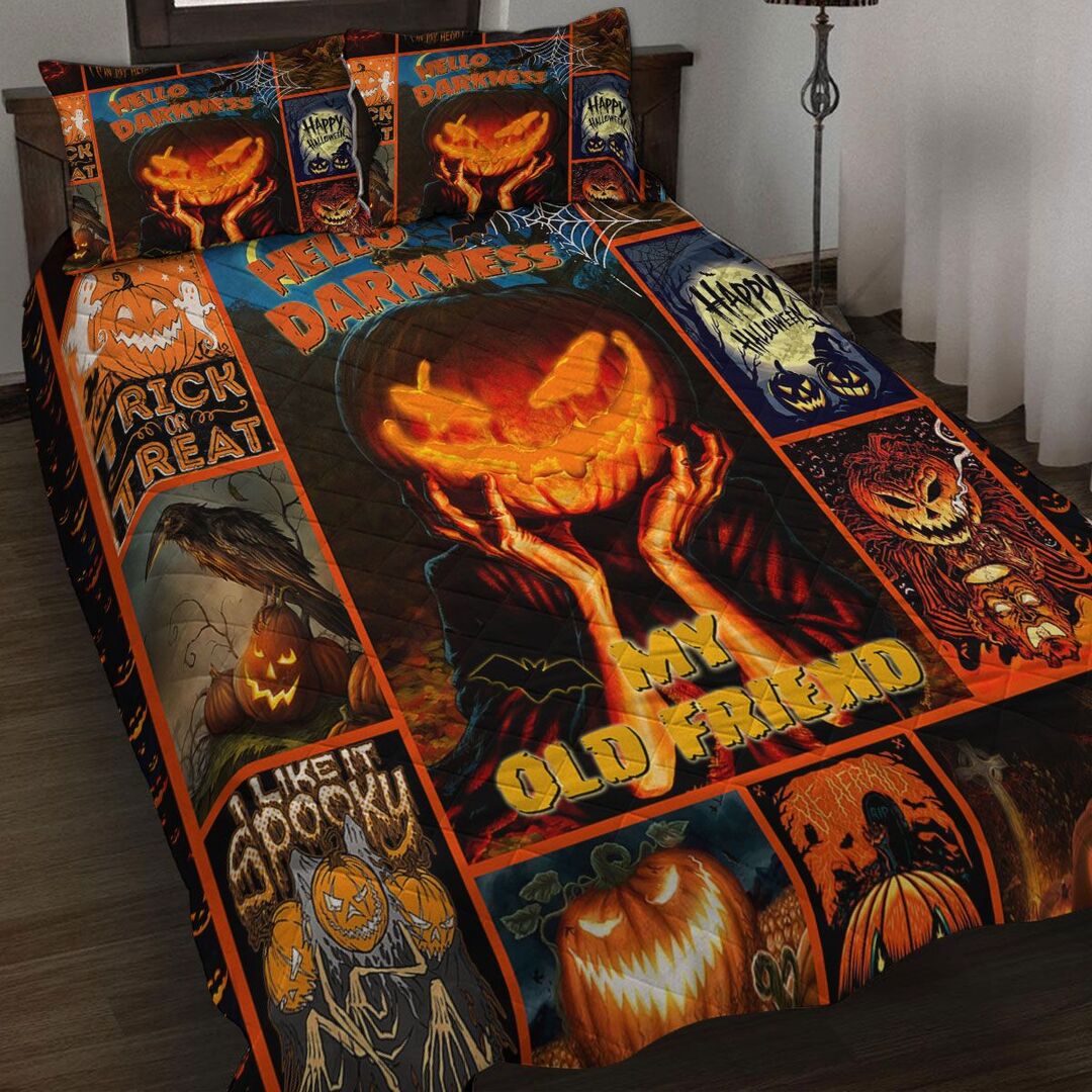 Creepy Pumpkin Halloween Quilt Bedding Set - Black Orange Comforter Set Twin Queen King Size