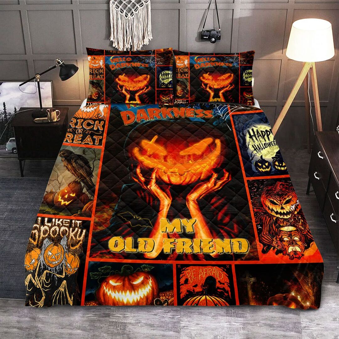 Creepy Pumpkin Halloween Quilt Bedding Set - Black Orange Comforter Set Twin Queen King Size