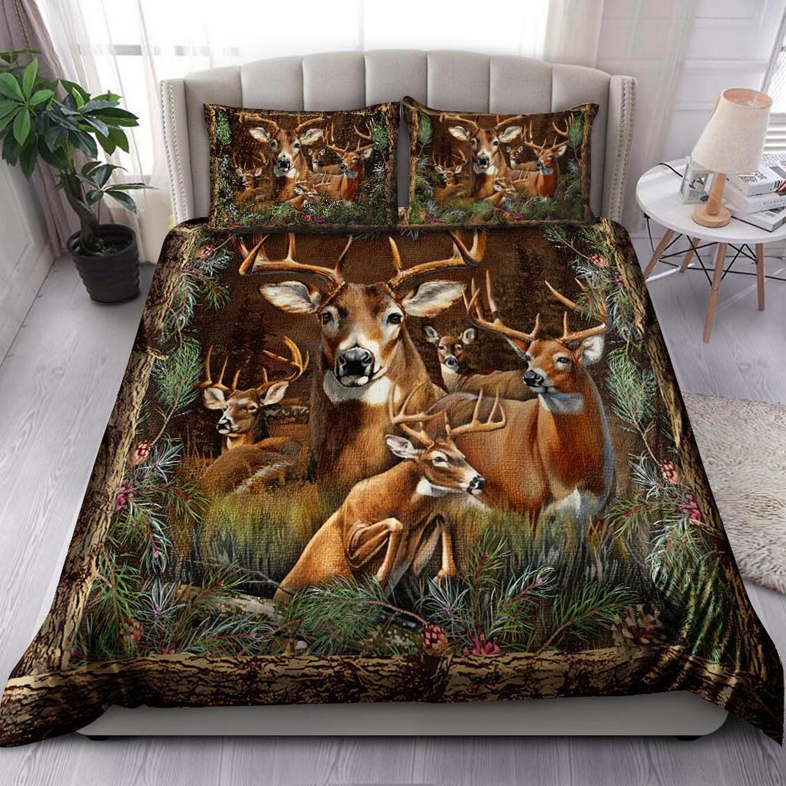 Deer Family In The Forest Quilt Bedding Set - Deer Hunting Camo Quilt Bed Set To Mom Dad Wife Husband Kids Son Daughter