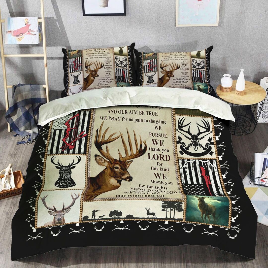 Deer Hunting American Flag Quilt Bedding Set - Deer Quilt Bed Set Rustic Home Decor