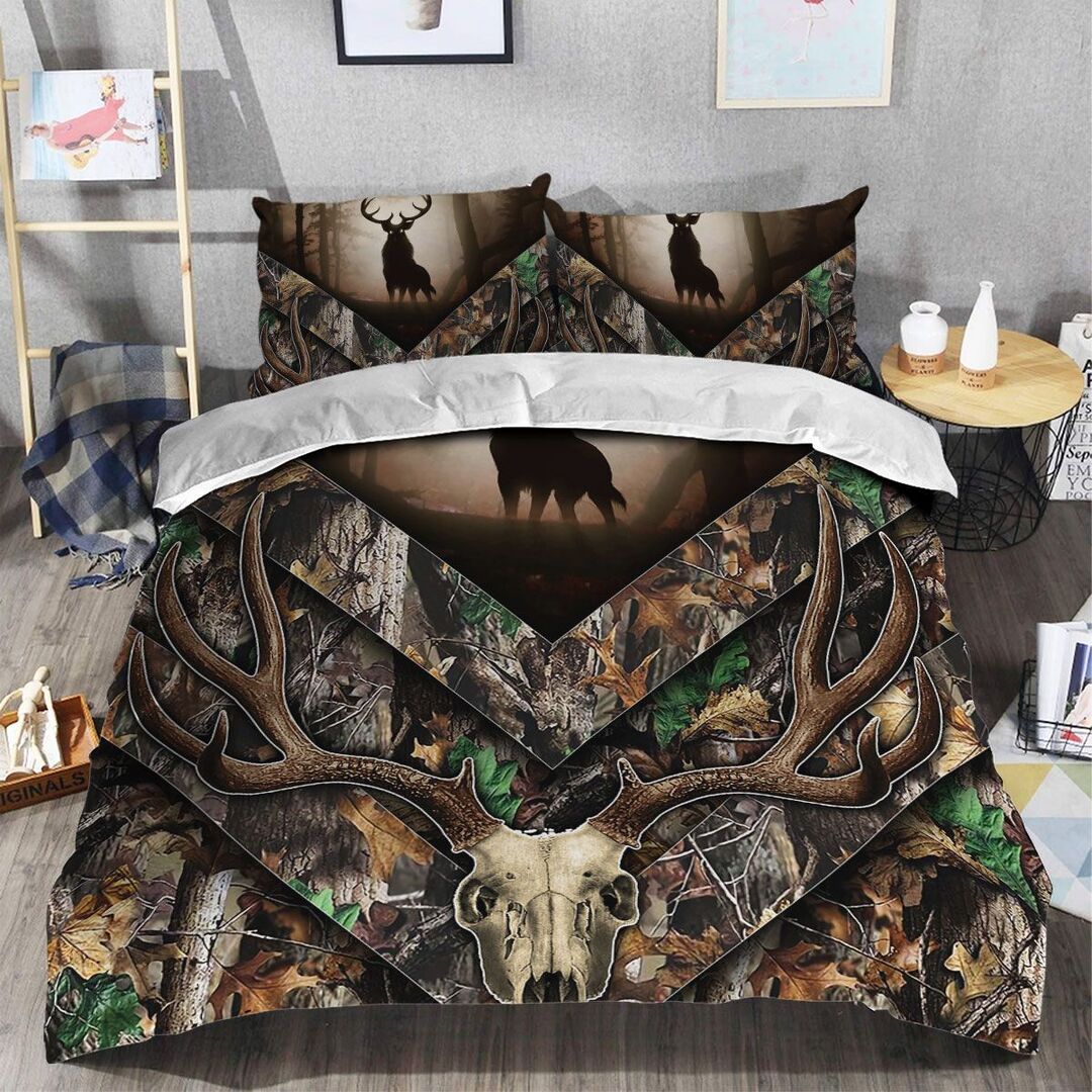 Deer Skull Hunting Brown Quilt Bedding Set - Deer Quilt Bed Set To Mom Dad Wife Husband Kids Son Daughter