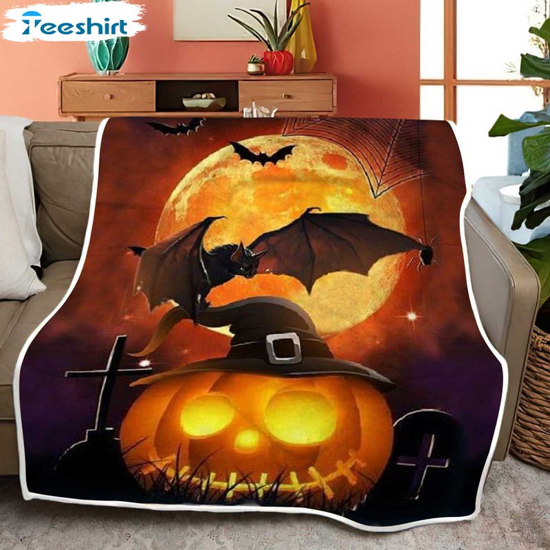 Halloween Pumpkin Bat Moon Blanket, Night Trick Or Treat Lightweight Fuzzy Cozy Warm Throw Blanket