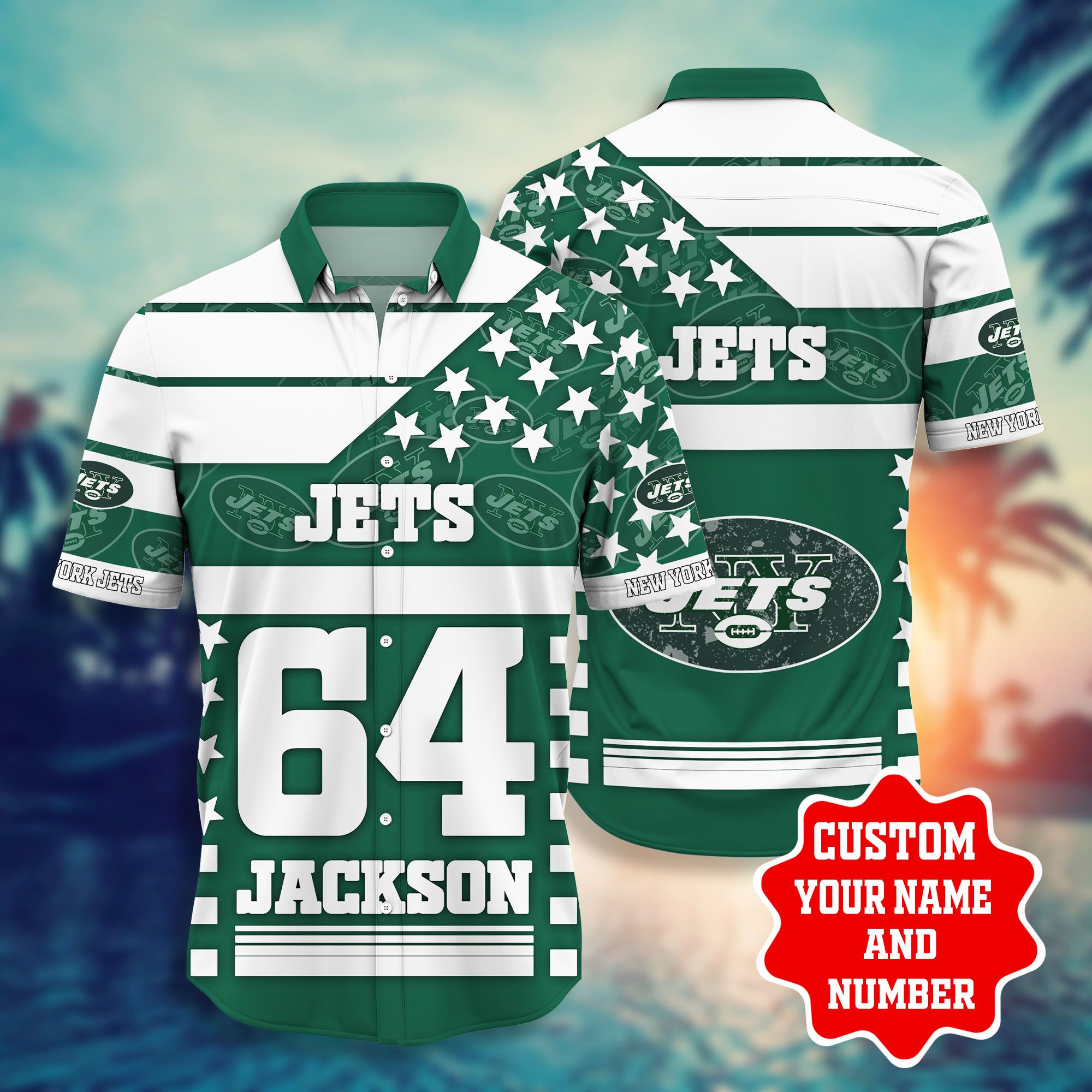 Nfl Hawaiian Shirt New York Jets Shorts Star Custom Name Number-1