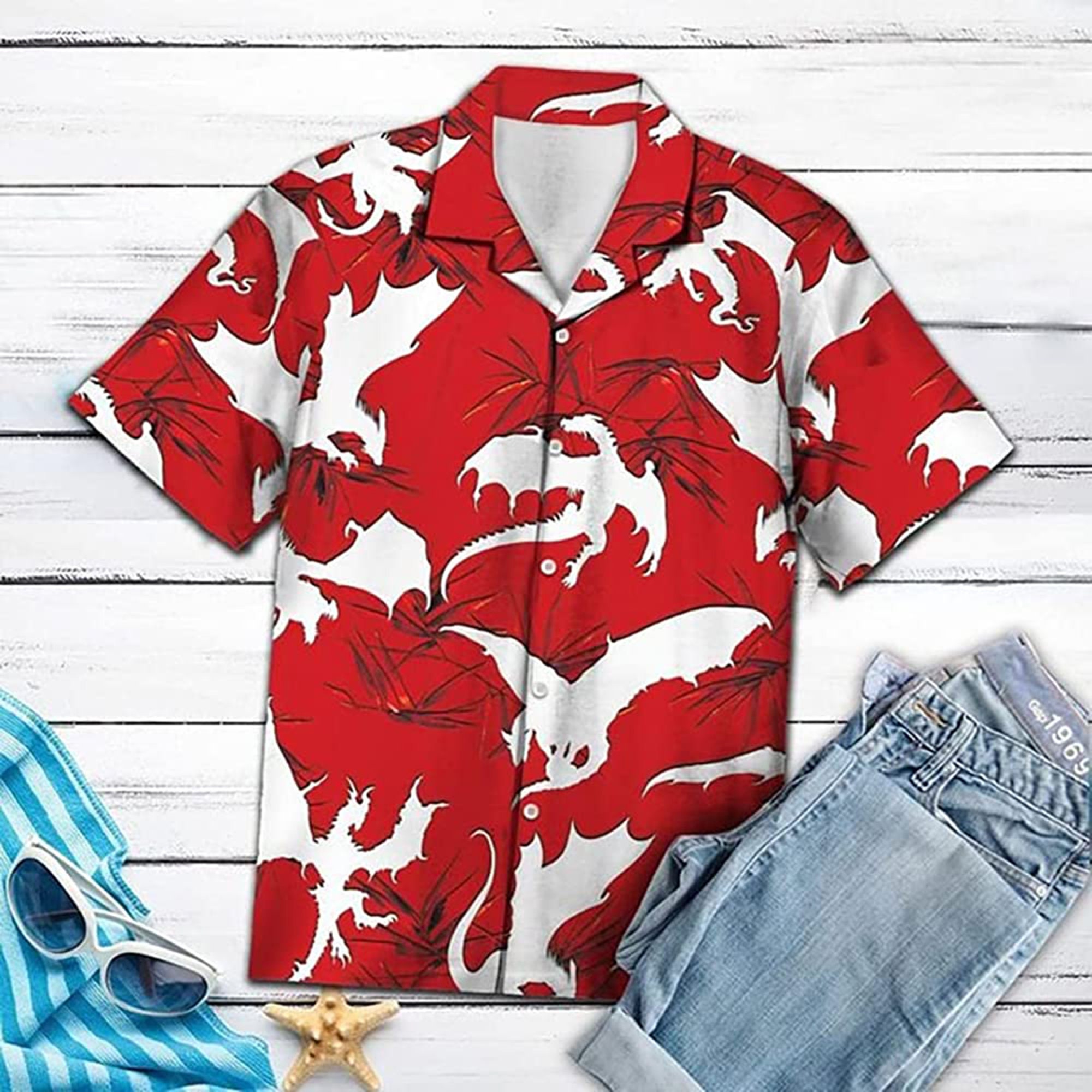 Red Dragon Pattern Short Hawaiian Shirt