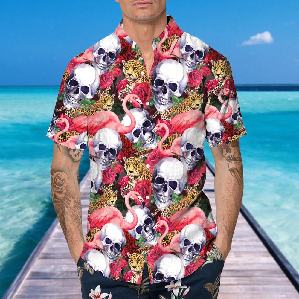 Skull With Flamingo And Leopard Hawaiian Shirt