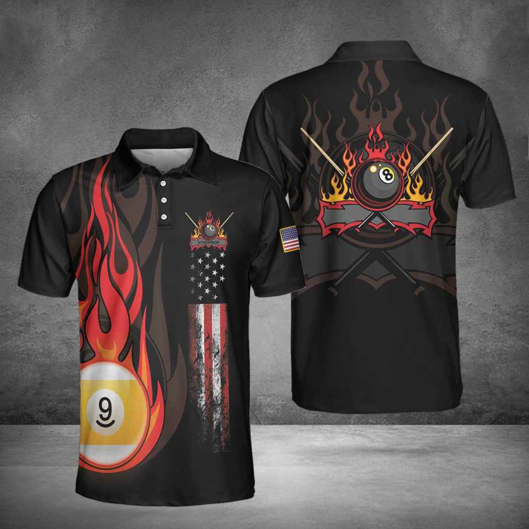 Flame 9 Ball Billiard Pool Short Sleeve Polo Shirt, Billiard Polo Shirts For Men And Women