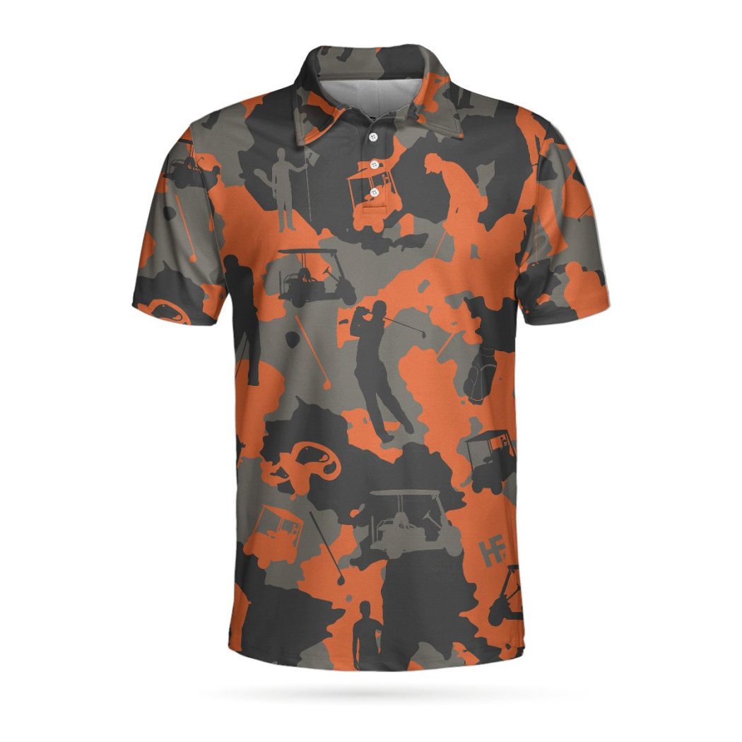 Orange Camouflage Golf Short Sleeve Polo Shirt, Polo Shirts For Men And Women