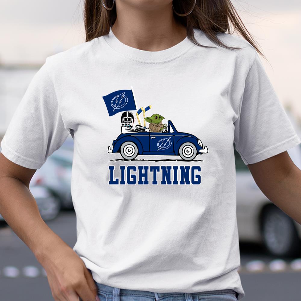 NHL Hockey Tampa Bay Lightning Darth Vader Baby Yoda Driving Star Wars Shirt  Youth Long Sleeve