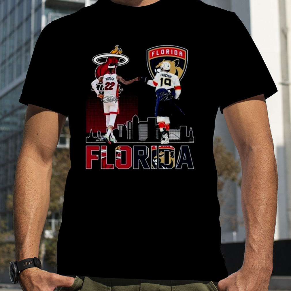 2023 Florida Panthers And Miami Heat Butler And Tkachuk Skylines Signatures Shirt