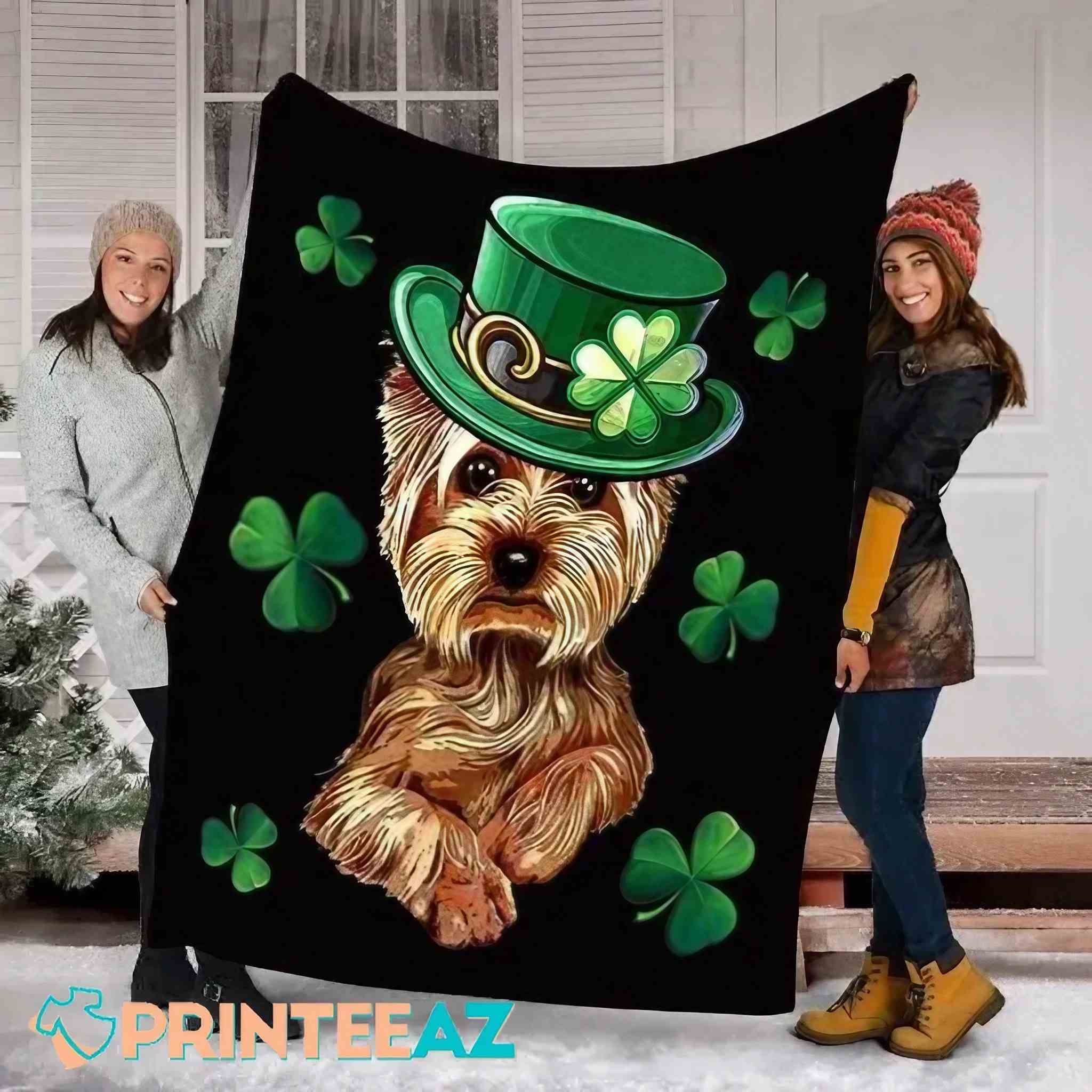 Yorkshire Terrier Dog St Patrick's Day Fleece Throw Quilt Blanket With Shamrocks - PrinteeAZ