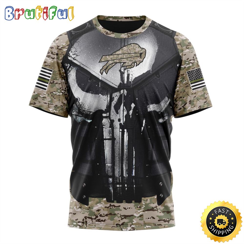 NFL Buffalo Bills 3D T Shirt Punisher Skull Camo Veteran Kits