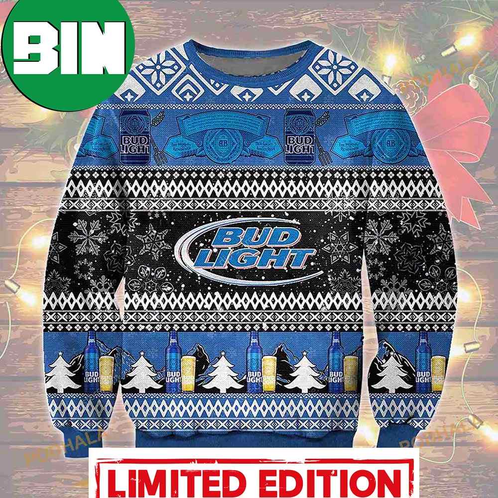 3D Bud Light Beer Black Blue Pattern Ugly Christmas Sweater