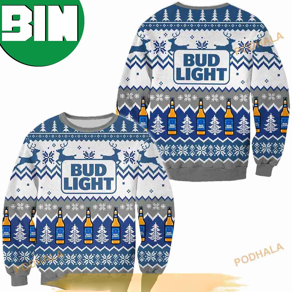 3D Bud Light Beer Snowflakes And Pine Tree Pattern Ugly Christmas Sweater