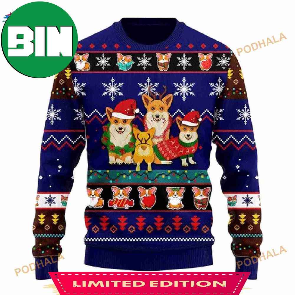 3D Corgi Cute Noel MC Christmas Blue Funny Ugly Sweater