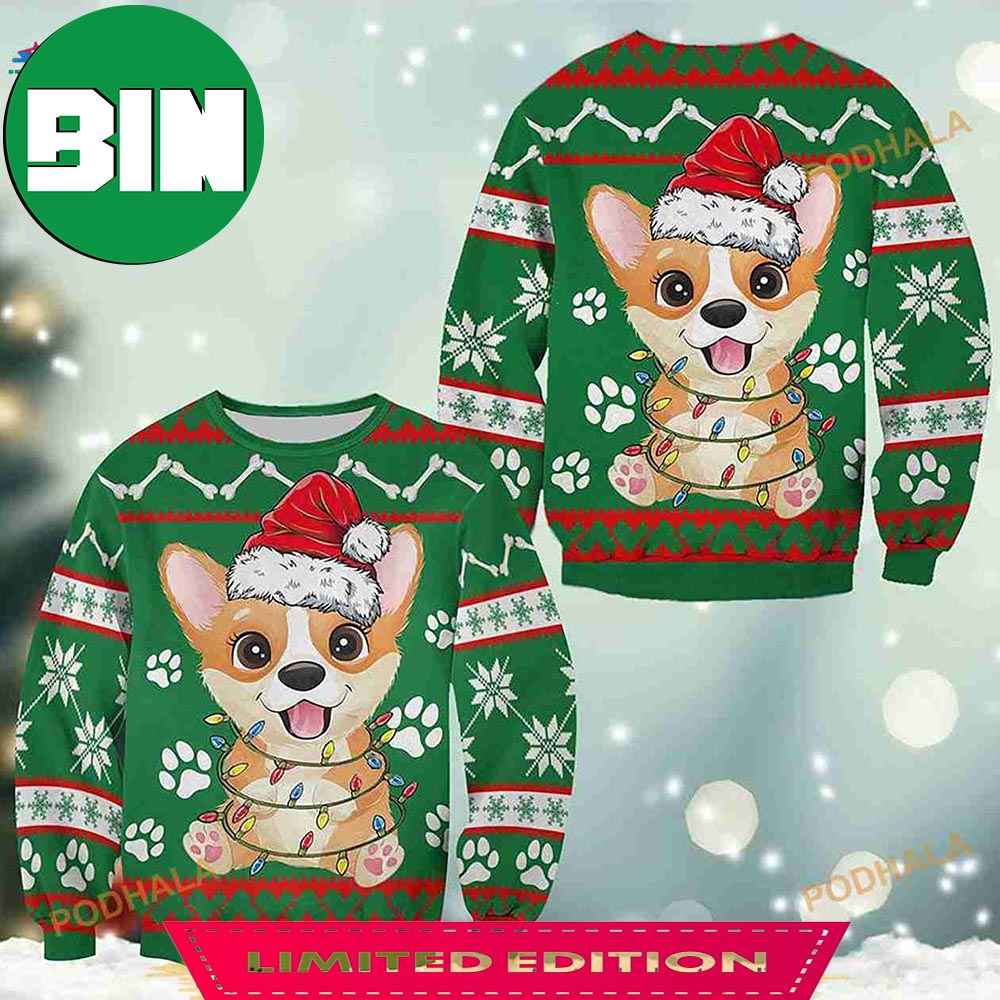 3D Corgi Green Pattern Christmas Funny Ugly Sweaters